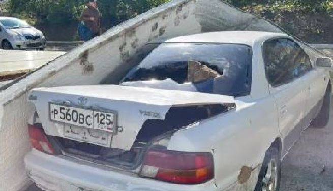 Прилетевшая сэнвич-панель проломила автомобиль во Владивостоке