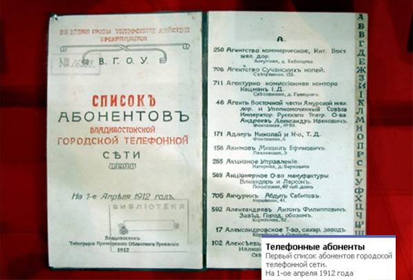 В первом телефонном справочнике Владивостока на 1 апреля 1912 г. значилось 2 тыс. абонентов В первом телефонном справочнике Владивостока на 1 апреля 1912 г. значилось 2 тыс. абонентов