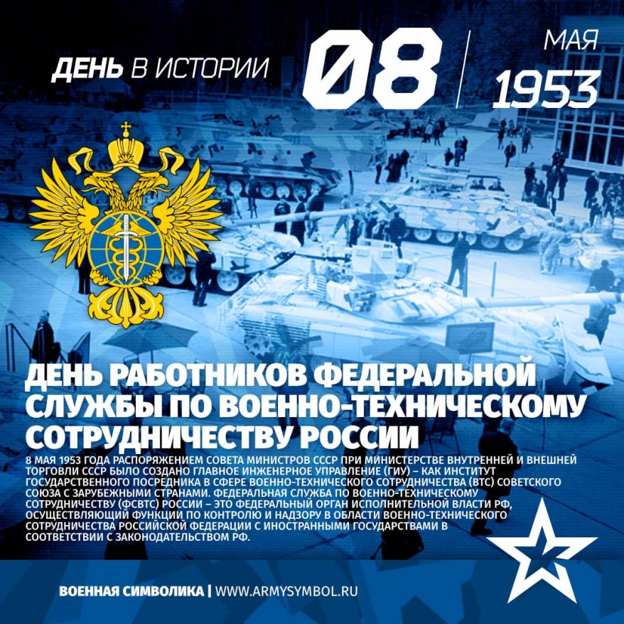 8 мая – День работников Федеральной службы по военно-техническому сотрудничеству России. Дата дня 8 мая – День работников Федеральной службы по военно-техническому сотрудничеству России. Дата дня