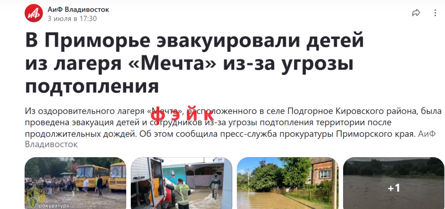 Информация о ЧП в детском лагере в Приморье - это фэйк Информация о ЧП в детском лагере в Приморье - это фэйк
