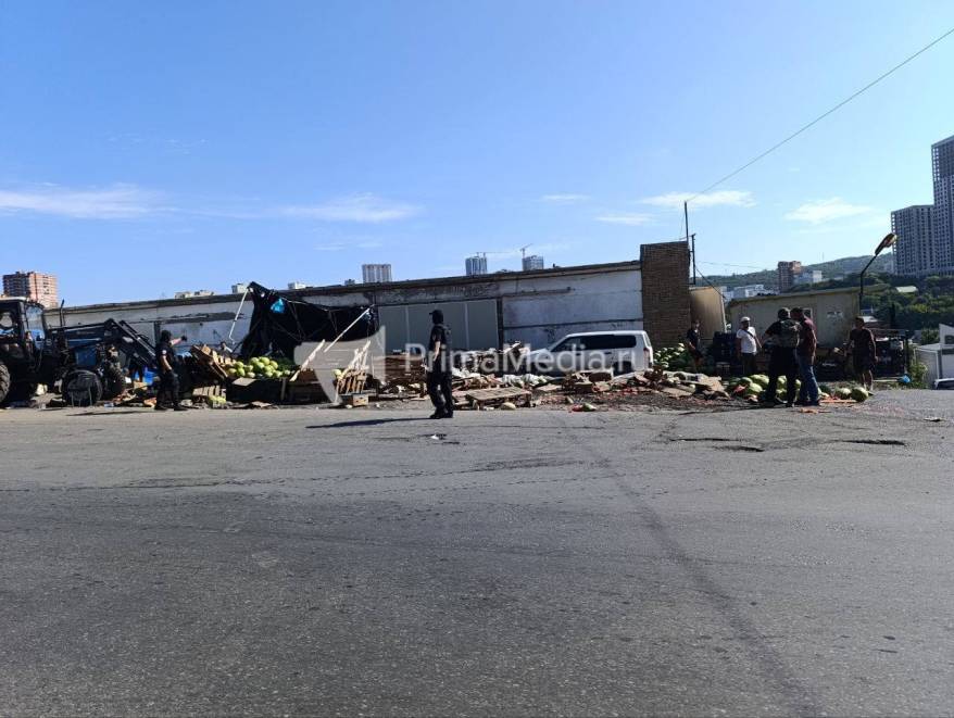 Силовики с помощью тракторов сносят стихийный рынок во Владивостоке Силовики с помощью тракторов сносят стихийный рынок во Владивостоке