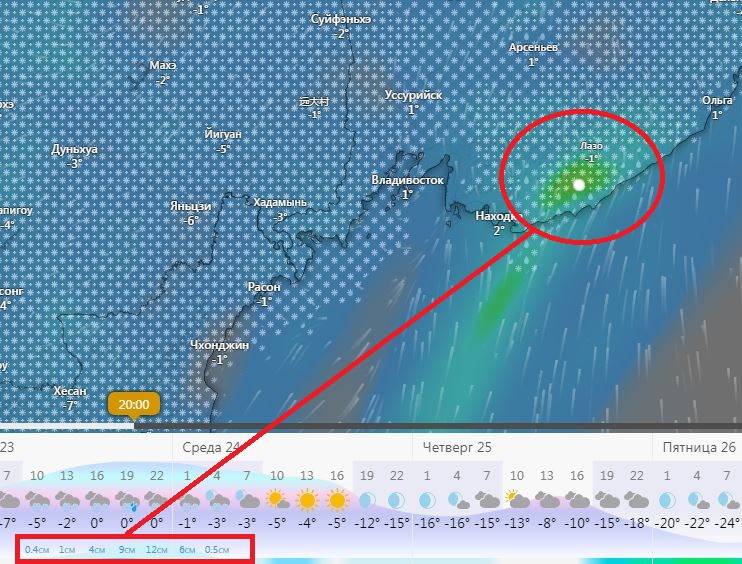 Синоптики назвали эпицентр аномального снегопада в Приморье