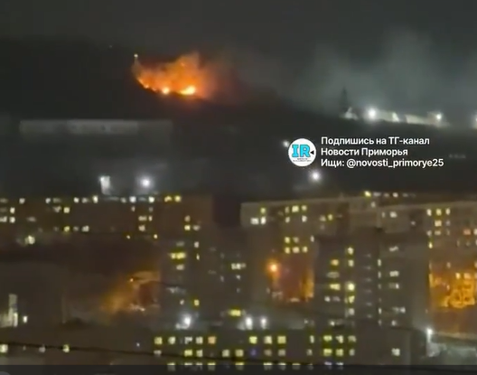 Мощный пожар полыхает на сопке Буссе во Владивостоке